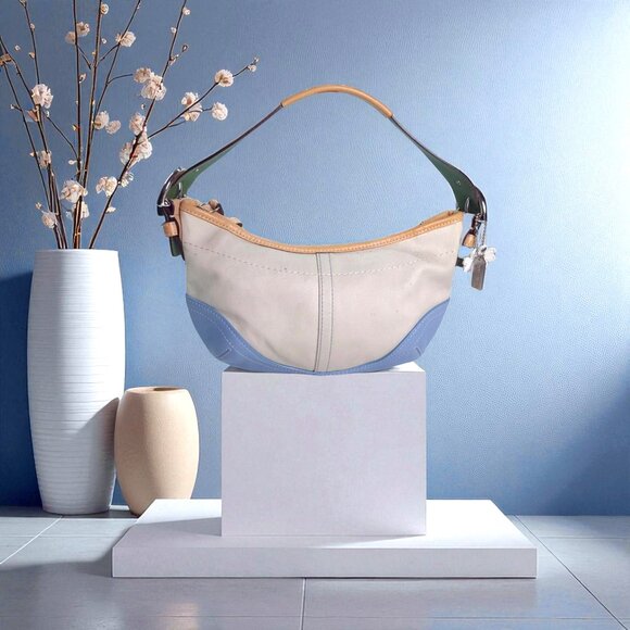 Vintage COACH Small Hobo Twill Bag Daisy vachetta Leather - Picture 1 of 11